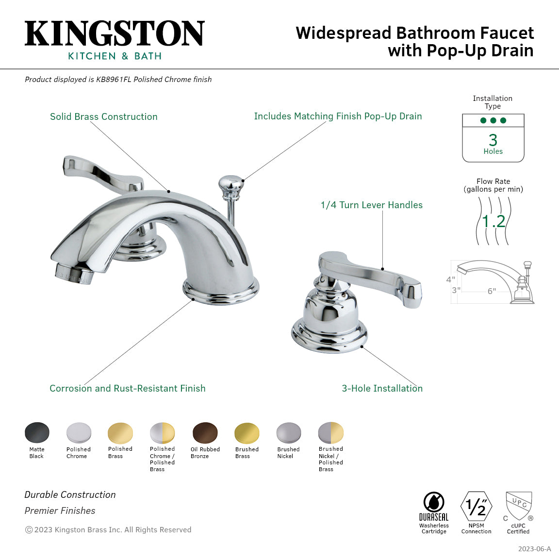 Kingston Tulare KB8969FL - Royale Two-Handle 3-Hole Deck Mount Widespread Bathroom Faucet with Pop-Up Drain, Brushed Nickel/Polished Brass — thumbnail 2